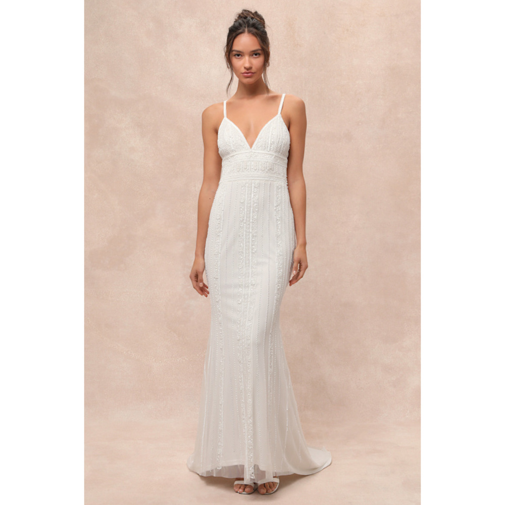 Lulus Stunning Vow White Beaded Wedding Sequin Maxi Dress - Size XS